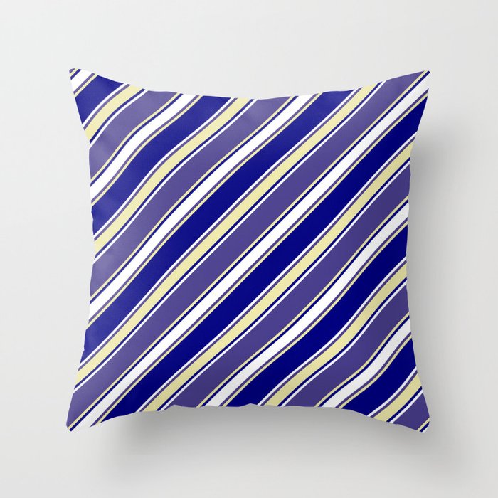 Dark Slate Blue, Pale Goldenrod, Blue & White Colored Lines Pattern Throw Pillow