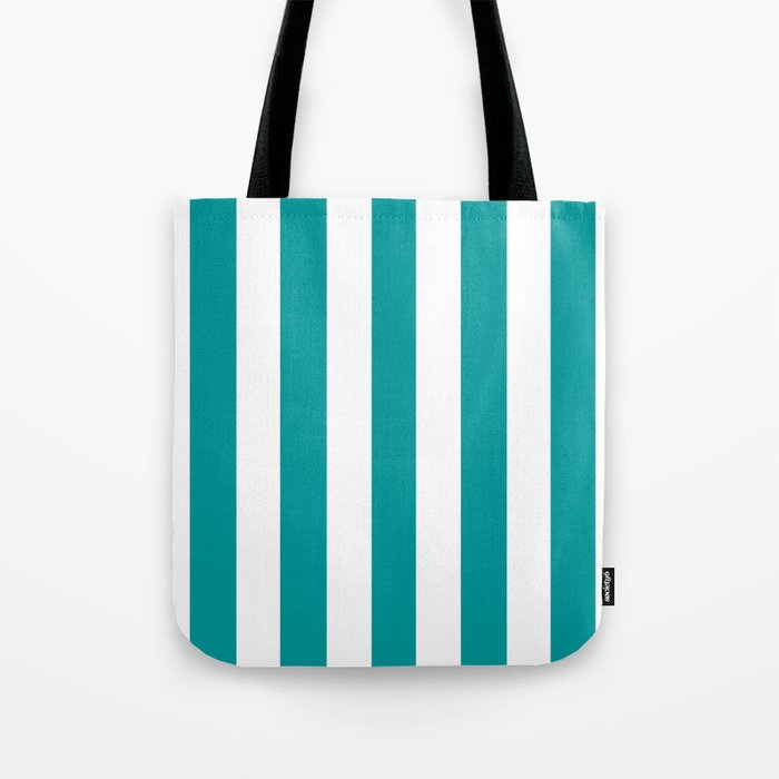 Viridian green blue - solid color - white vertical lines pattern Tote Bag