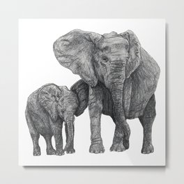 African Elephant and Calf Metal Print | Graphite, Calm, Pencil, Elephantbaby, Mother, Elephant, Africanelephant, Africanwildlife, Peaceful, Motherandbaby 