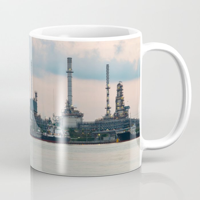 Oil refinery riverfront, vintage tone during sunrise Coffee Mug