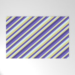 [ Thumbnail: Dark Slate Blue, Slate Blue, Light Cyan, and Tan Colored Striped/Lined Pattern Welcome Mat ]