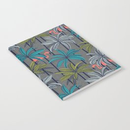 Retro vacation mode // zambezi grey background highball green peacock blue and light grey palm trees oxford navy blue lines coral flamingos Notebook