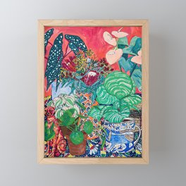 Jungle of Houseplants and Flowers on Bright Coral Pink with Wild Cats Framed Mini Art Print