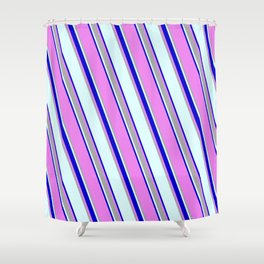 [ Thumbnail: Light Cyan, Blue, Violet, and Dark Grey Colored Lines/Stripes Pattern Shower Curtain ]