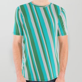 [ Thumbnail: Sea Green, Light Gray & Dark Turquoise Colored Stripes/Lines Pattern All Over Graphic Tee ]