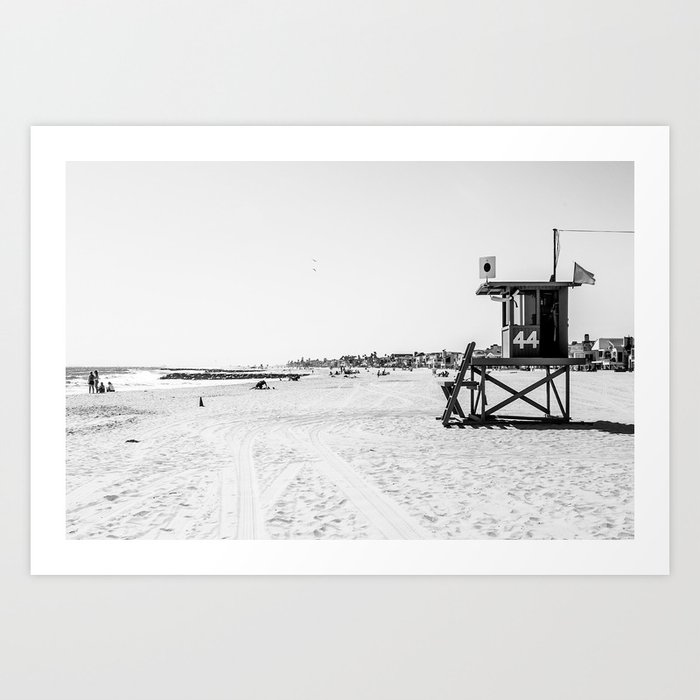 Newport Beach Lifeguard Tower Modern and Vintage Beach Aesthetic Photography of Grey Black White Sky Art Print