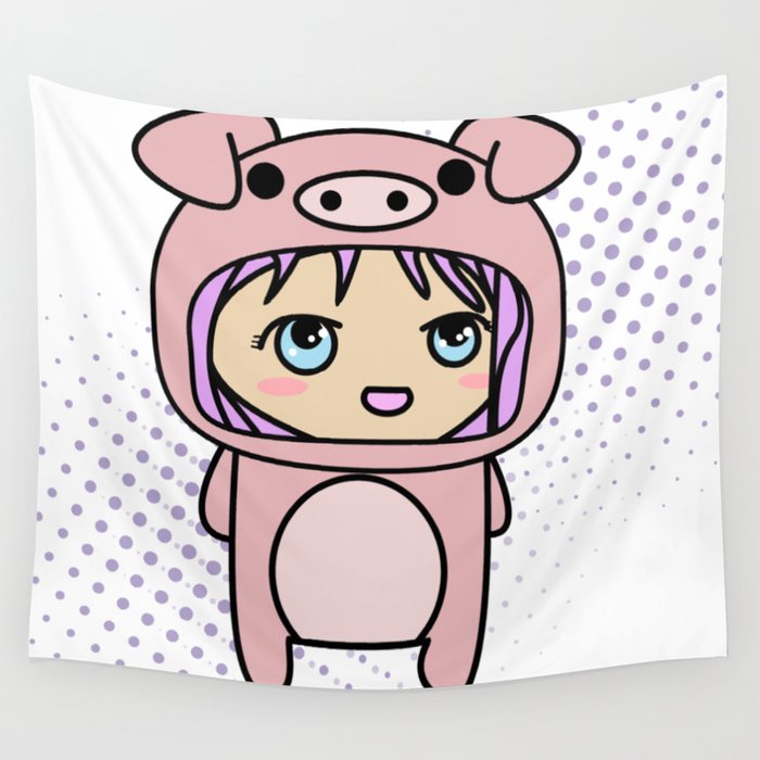 Super Kawaii Anime Kid In Piglet Outfit Wall Tapestry By