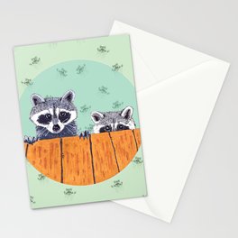 Peeking Raccoons #3 Pastel Green Stationery Card