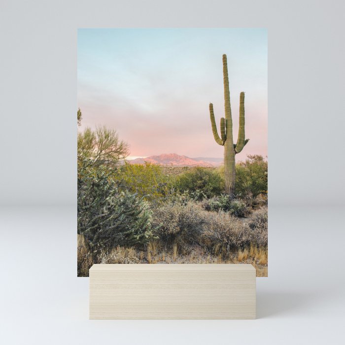 Desert Mountains Saguaro Cactus Blue & Pink Sunset Phoenix Arizona Mini Art Print