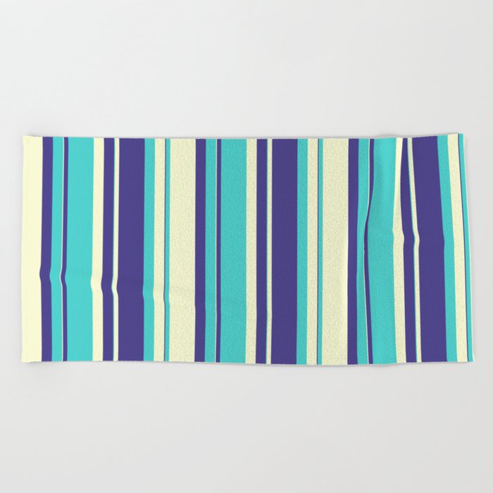 Dark Slate Blue, Turquoise & Light Yellow Colored Striped/Lined Pattern Beach Towel