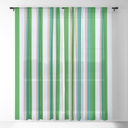 [ Thumbnail: Vibrant Tan, Dark Cyan, Green, Lavender & Black Colored Striped/Lined Pattern Sheer Curtain ]