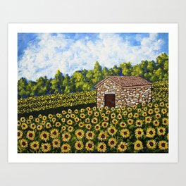Sunflowers In Provence France by Mike Kraus - art french barn farm clouds gifts presents sky wow Art Print | Holidaystrips, Beautifulcolorful, Whitegreen, Curatorsdesigners, Barnfarm, Gallerygalleries, Painting, Sunflowerfield, Cloudssky, Blueyellow 