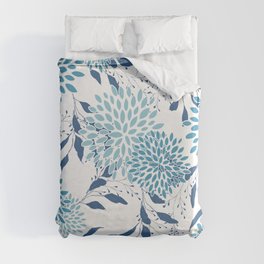 Floral Leaves and Blooms, Teal and Blue, Modern Print Art Duvet Cover