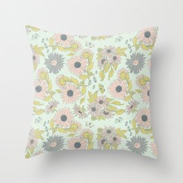 Aris's Garden - Sunflowers - Pastel Teal  Throw Pillow