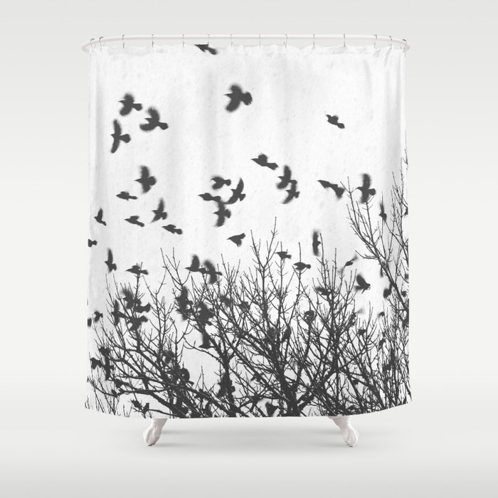 Crows in Flight on Snowy Morning Black and White Photography Shower Curtain