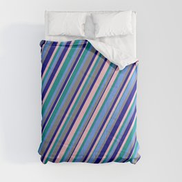 [ Thumbnail: Dark Cyan, Cornflower Blue, Grey, Blue & Pink Colored Stripes/Lines Pattern Comforter ]
