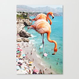 Flamingos on the Beach, Wildlife Surrealism Birds, Nature Flamingo Fantasy Beach Summer Photography Canvas Print