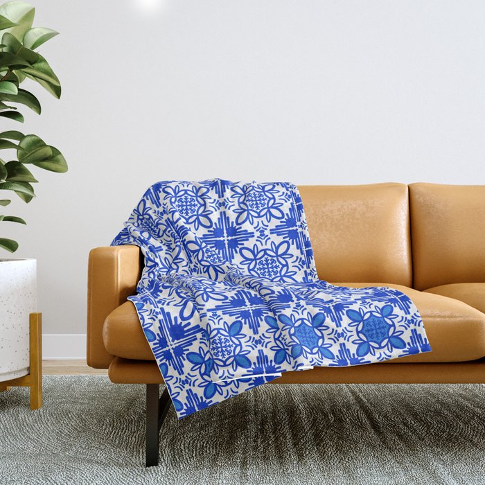 Cheerful Retro Modern Kitchen Tile Layered Pattern Delft Blue Throw Blanket