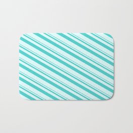 [ Thumbnail: Turquoise and Light Cyan Colored Lined/Striped Pattern Bath Mat ]