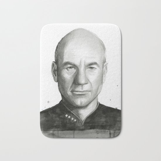 Captain Picard Watercolor Portrait Bath Mat