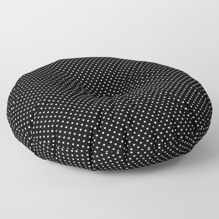 Classic White Polka Dot Hearts on Black Background Floor Pillow