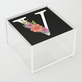 Monogram Letter V with Flowers Black background Acrylic Box