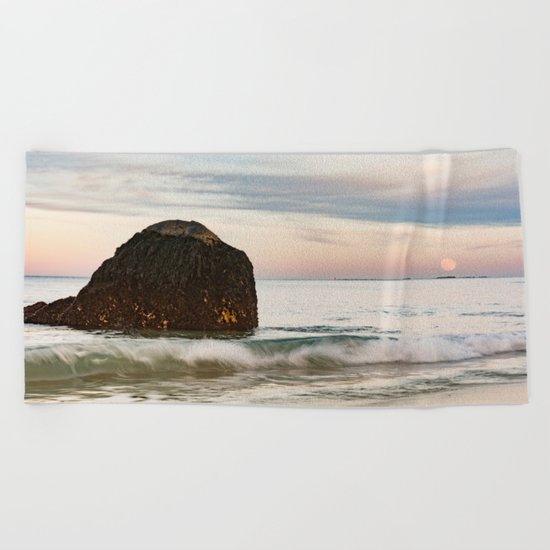 Pastel Moon rise at the beach Beach Towel