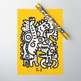 Black and White Cool Monsters Graffiti on Yellow Background Wrapping Paper
