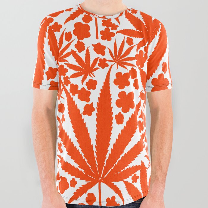 Modern Botanical Cannabis And Flowers Bold Red All Over Graphic Tee