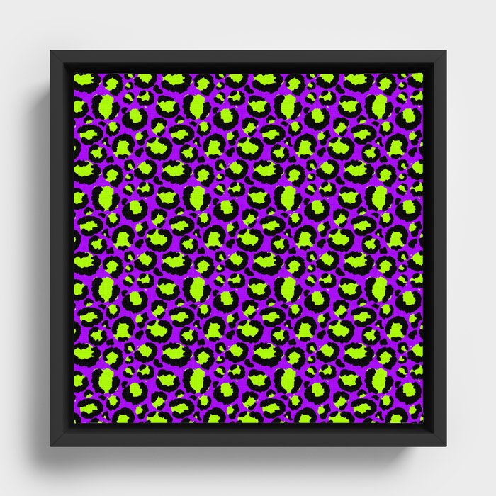 Neon Purple Green Leopard Pattern Framed Canvas