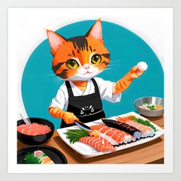 Chef Cat making Sushi Art Print