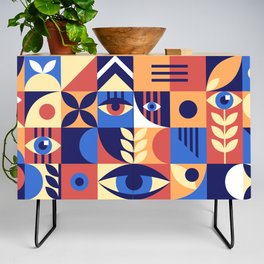 Bauhaus geometric abstract elements with eyes and simple forms. Modern style shapes, minimalistic retro design. Hipster 20s trend collage, illustration.  Credenza
