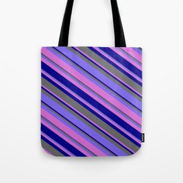[ Thumbnail: Medium Slate Blue, Orchid, Dark Blue & Dim Grey Colored Stripes/Lines Pattern Tote Bag ]