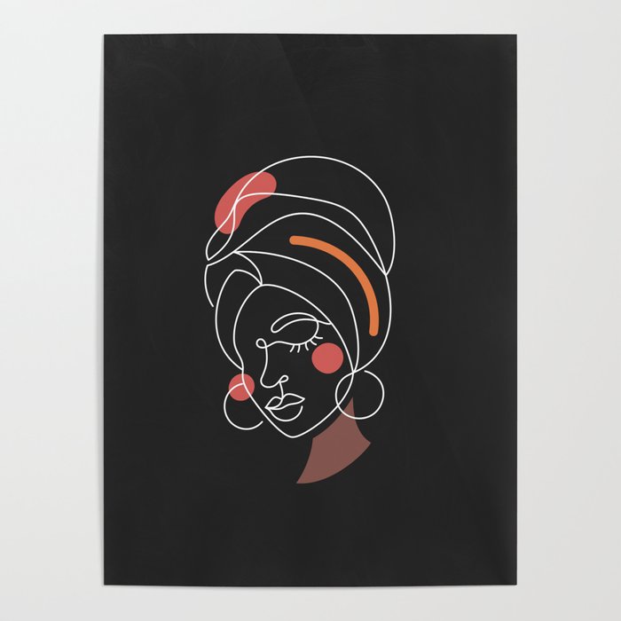 African woman in a line art style with abstract shapes. Dark background. Poster