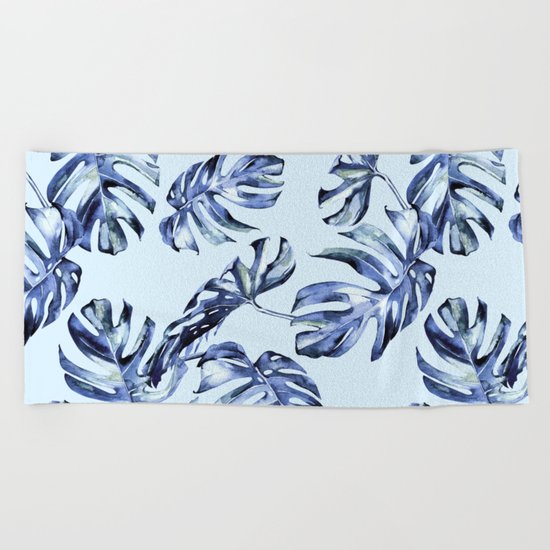 Tropical Palm Leaves Blue Beach Towel