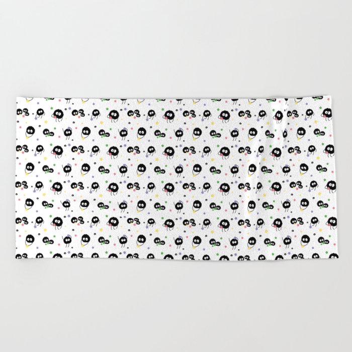 Cute Soot Sprites Eating Stars All-Over Pattern White Beach Towel