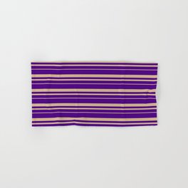 [ Thumbnail: Indigo & Tan Colored Pattern of Stripes Hand & Bath Towel ]