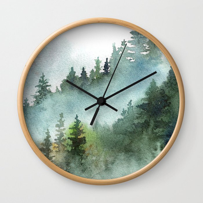 Watercolor Pine Forest Mountains in the Fog Wall Clock