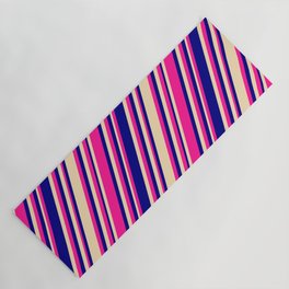 [ Thumbnail: Deep Pink, Blue, and Tan Colored Stripes/Lines Pattern Yoga Mat ]