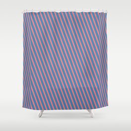 [ Thumbnail: Light Coral & Blue Colored Striped/Lined Pattern Shower Curtain ]