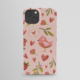 Red Hearts Tulips Strawberries Bird Cute Pattern iPhone Case
