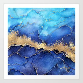 Midnight Blue + Gold Wavy Abstract Shoreline Art Print