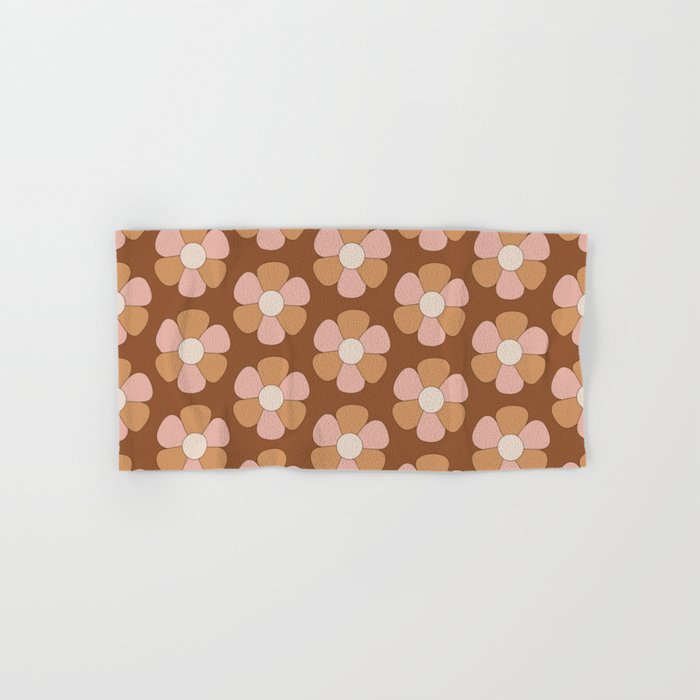 Pink and Brown Mid Century Floral Pattern Hand & Bath Towel