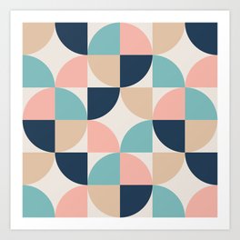 Mid Century Modern Geometric Pattern 455 Peach Blue and Beige Art Print