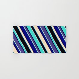 [ Thumbnail: Eye-catching Dark Slate Blue, Bisque, Turquoise, Blue, and Black Colored Lined/Striped Pattern Hand & Bath Towel ]