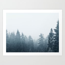Mystical Serenity: A Captivating View of Fog-Enveloped Trees Art Print