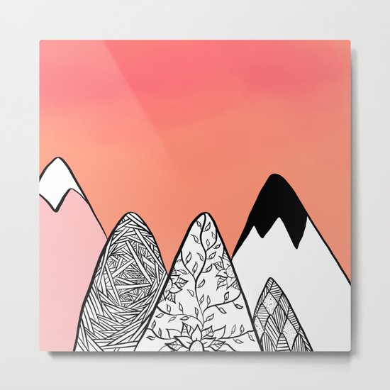 Modern abstract pink coral watercolor sky black white geometric floral mountains illustration Metal Print
