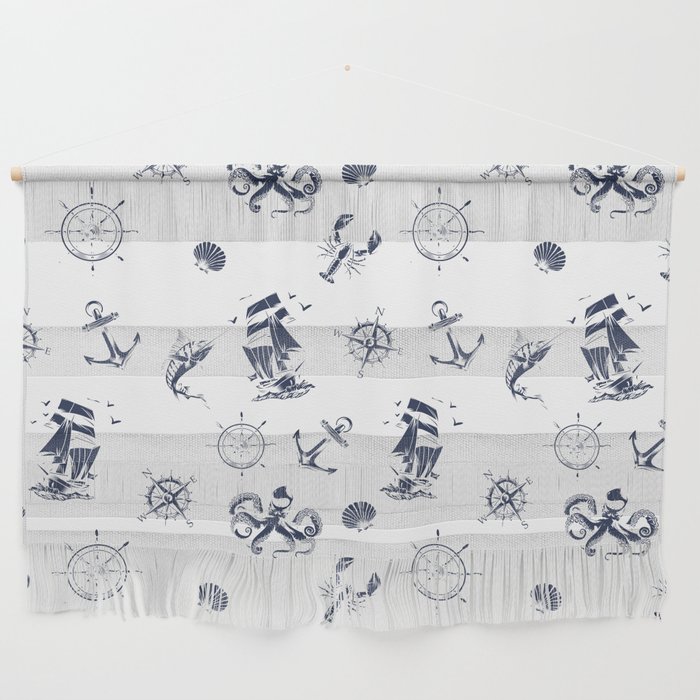Navy Blue Silhouettes Of Vintage Nautical Pattern Wall Hanging