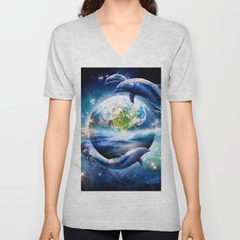 Galaxy Dolphin Dolphins In Space Earth V Neck T Shirt