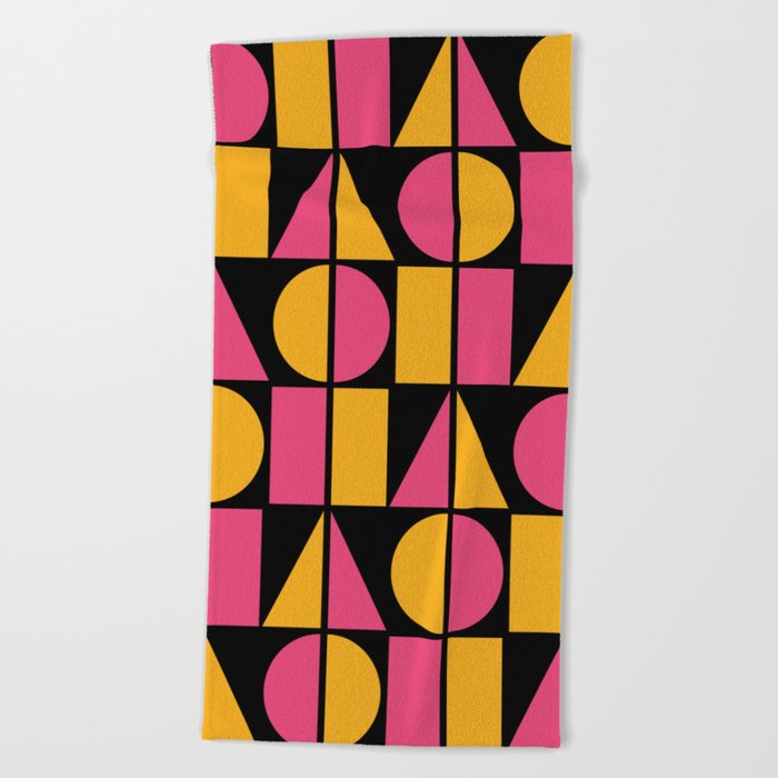 Symmetry Geometric Composition 721 Black Pink and Yellow Beach Towel